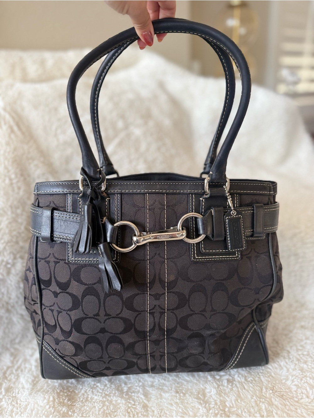 Coach Brown Signature Tote with Black Leather Trim and Silver Hardware